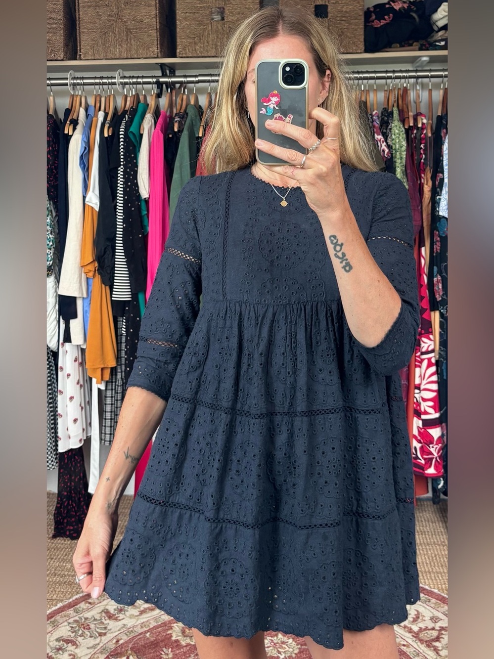 Zara Navy Blue Eyelet Tiered Babydoll Mini Dress - Picture 4 of 11